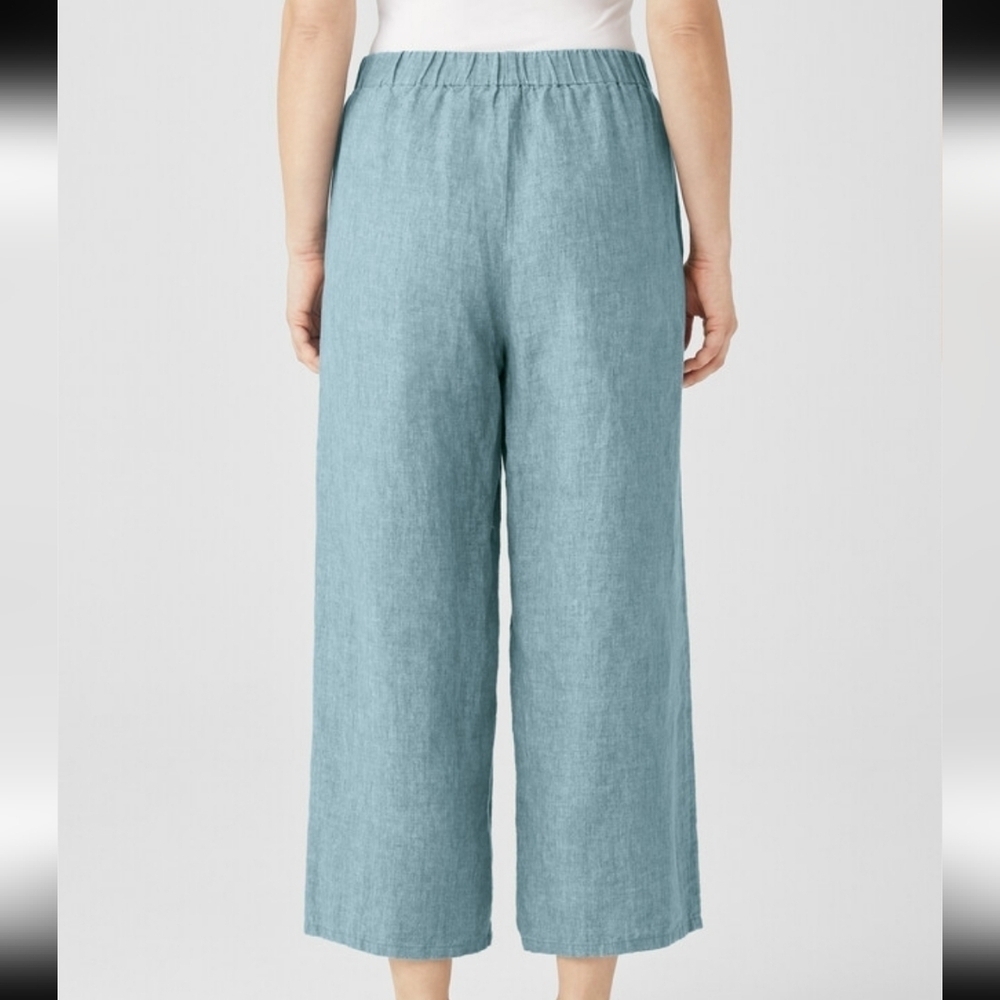 EILEEN FISHER Washed-Organic-Linen Délavé Wide-Leg Cropped Pants Blue Sz Medium - Picture 2 of 10